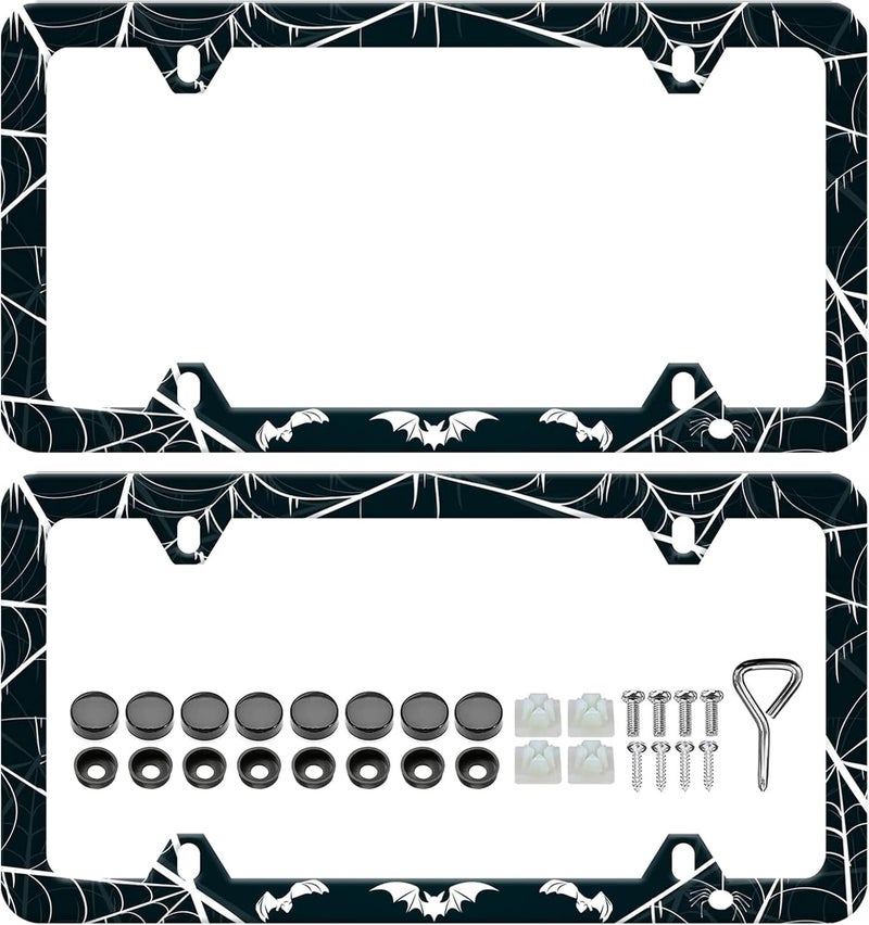 LIN KANG 2PCS Bat License Plate Frames Spider Web Goth Gothic Aluminum Metal License Plate Holder Covers Rust-Proof Waterproof Car Decorative Tag Frames for Standard US 12x6 Inch - Image 1
